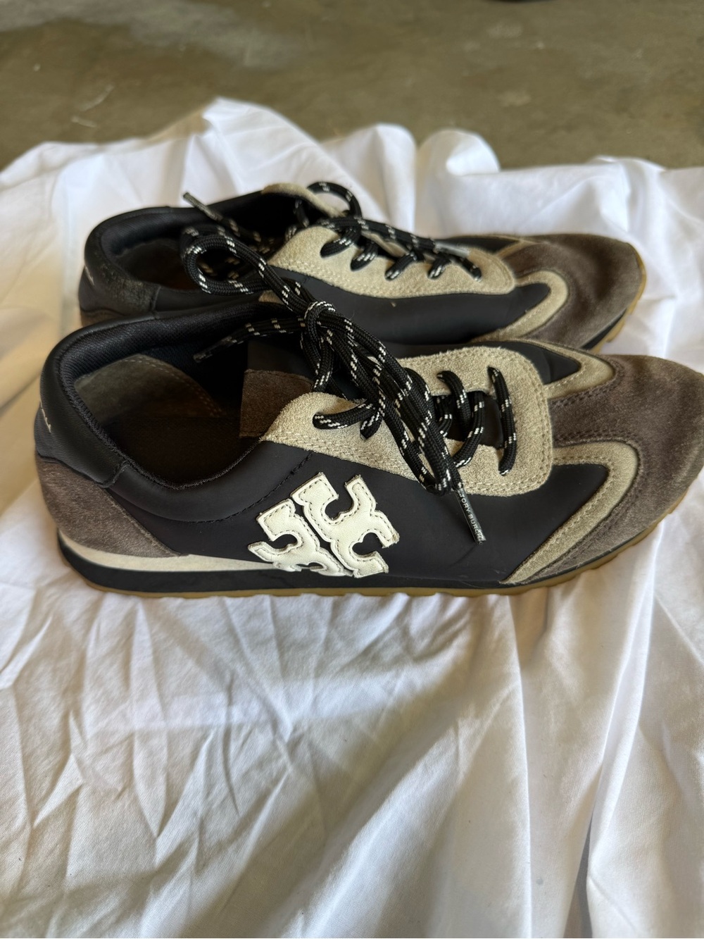 Tory Burch Black, Gray and Brown Mixed-Material Athletic Sneakers